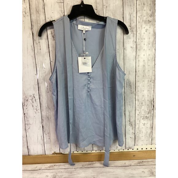 L'Academie The 70's Sleeveless Sateen V-neck Self Tie Blouse Color Blue Size M - Picture 2 of 6